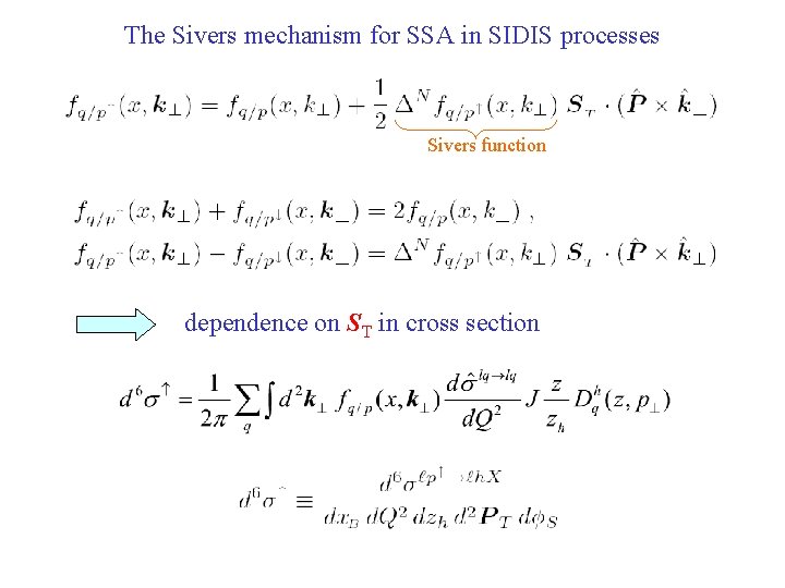 The Sivers mechanism for SSA in SIDIS processes Sivers function dependence on ST in