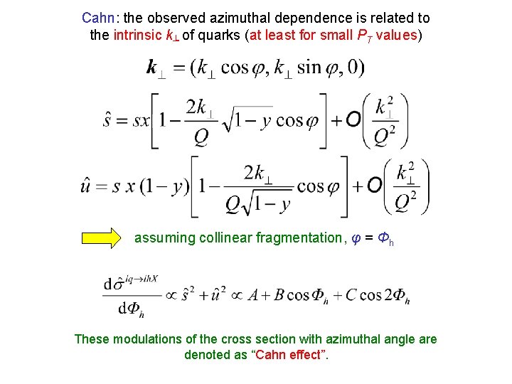 Cahn: the observed azimuthal dependence is related to the intrinsic k┴ of quarks (at