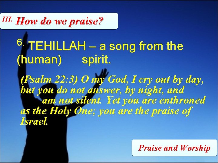 III. How do we praise? 6. TEHILLAH – a song from the (human) spirit.