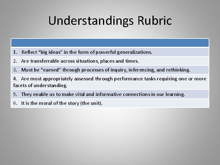 Understandings Rubric 1. Reflect “big ideas” in the form of powerful generalizations. 2. Are