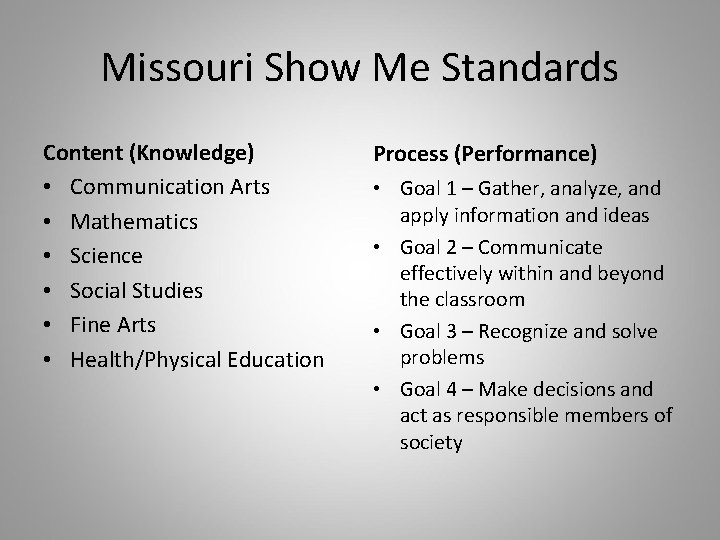 Missouri Show Me Standards Content (Knowledge) • Communication Arts • Mathematics • Science •