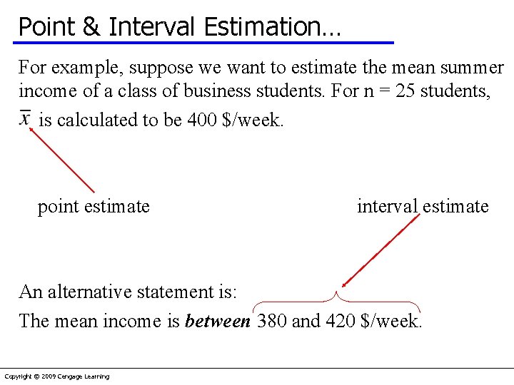 Point & Interval Estimation… For example, suppose we want to estimate the mean summer