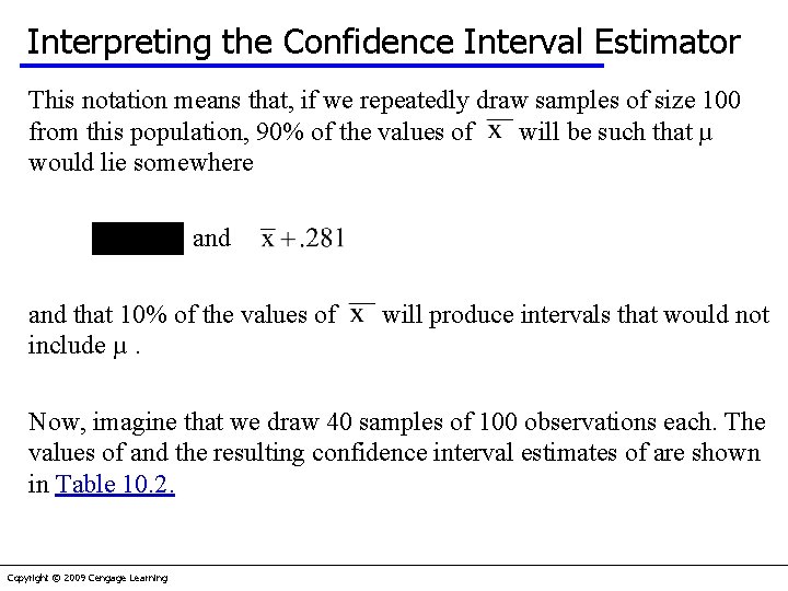 Interpreting the Confidence Interval Estimator This notation means that, if we repeatedly draw samples