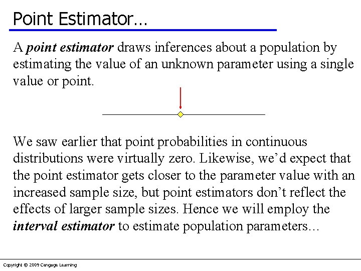 Point Estimator… A point estimator draws inferences about a population by estimating the value