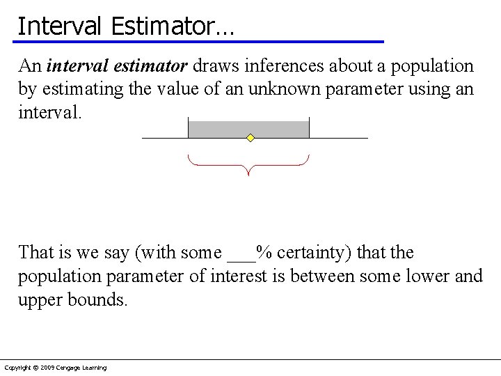 Interval Estimator… An interval estimator draws inferences about a population by estimating the value