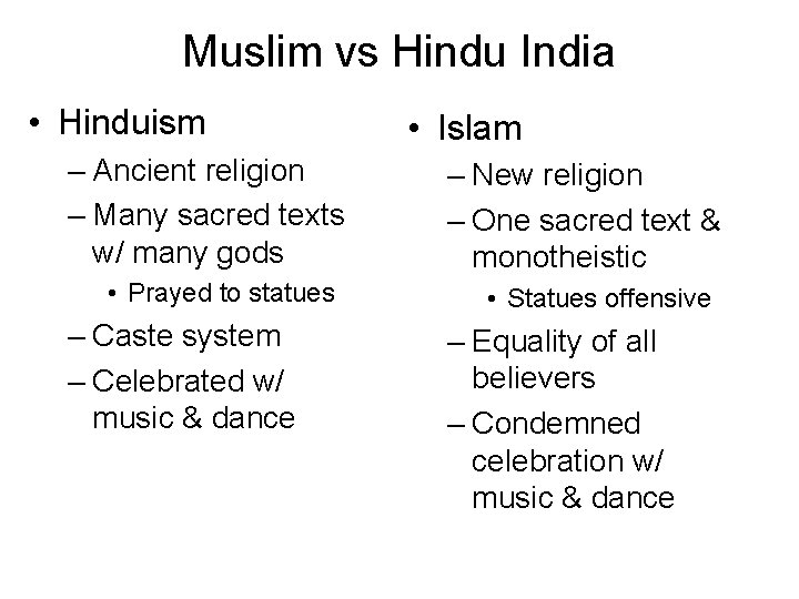 Muslim vs Hindu India • Hinduism – Ancient religion – Many sacred texts w/