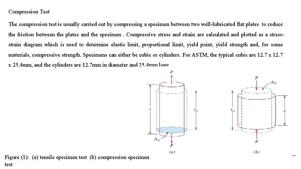 Compression Test The compression test is usually carried out by compressing a specimen between