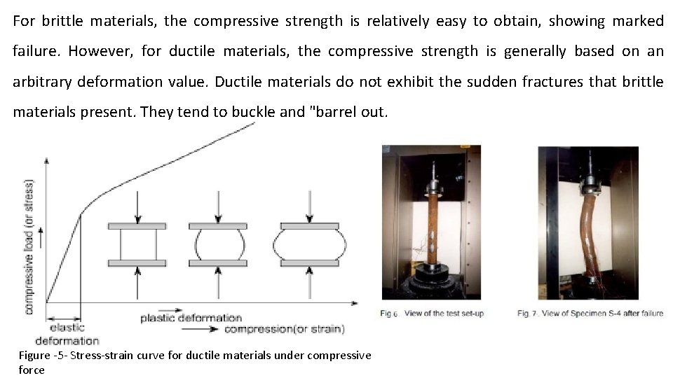 For brittle materials, the compressive strength is relatively easy to obtain, showing marked failure.