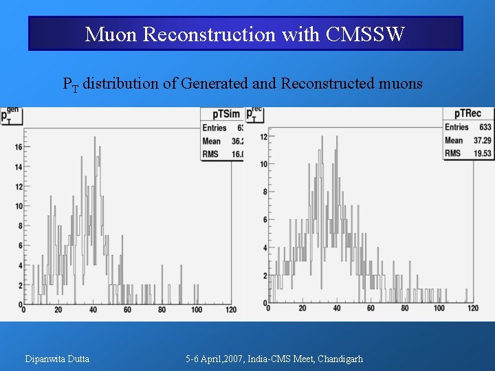 Muon Reconstruction with CMSSW PT distribution of Generated and Reconstructed muons Dipanwita Dutta 5 Muon Reconstruction with CMSSW PT distribution of Generated and Reconstructed muons Dipanwita Dutta 5