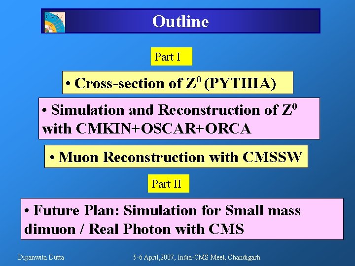 Outline Part I • Cross-section of Z 0 (PYTHIA) • Simulation and Reconstruction of Outline Part I • Cross-section of Z 0 (PYTHIA) • Simulation and Reconstruction of
