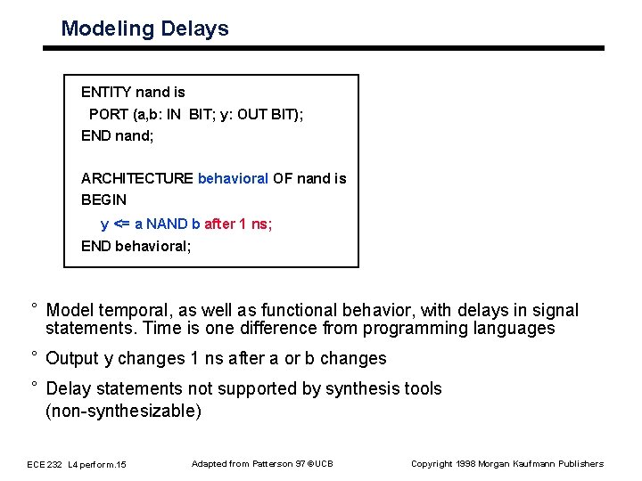 Modeling Delays ENTITY nand is PORT (a, b: IN BIT; y: OUT BIT); END