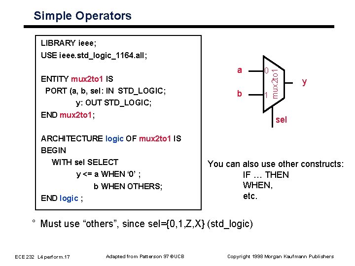Simple Operators LIBRARY ieee; ENTITY mux 2 to 1 IS PORT (a, b, sel: