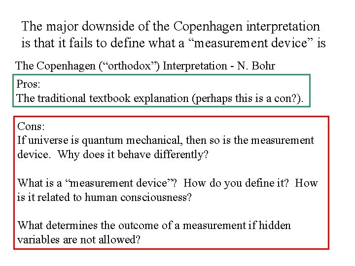 The major downside of the Copenhagen interpretation is that it fails to define what