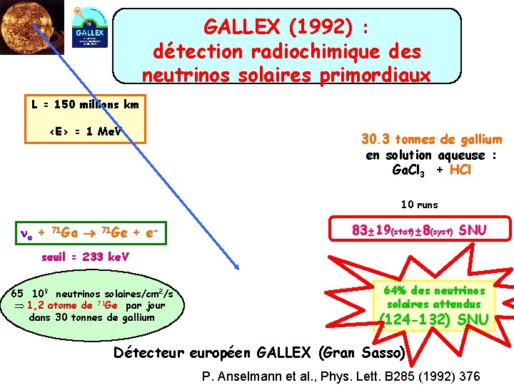 GALLEX (1992) : détection radiochimique des neutrinos solaires primordiaux L = 150 millions km