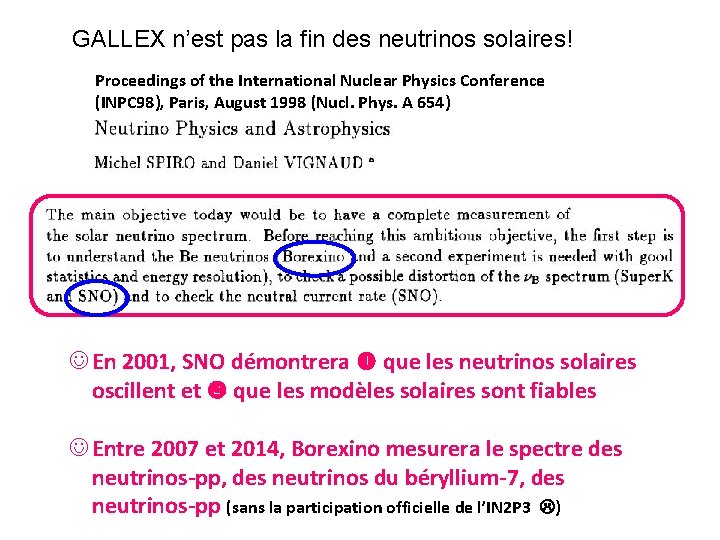GALLEX n’est pas la fin des neutrinos solaires! Proceedings of the International Nuclear Physics