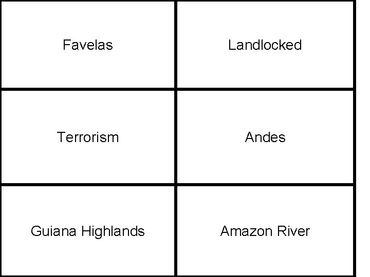 Favelas Landlocked Terrorism Andes Guiana Highlands Amazon River 