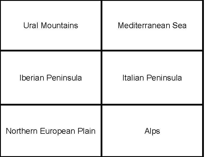 Ural Mountains Mediterranean Sea Iberian Peninsula Italian Peninsula Northern European Plain Alps 