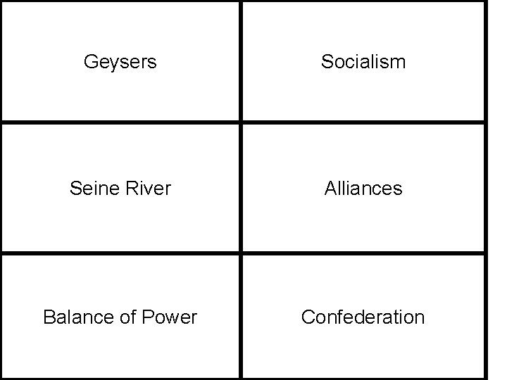 Geysers Socialism Seine River Alliances Balance of Power Confederation 