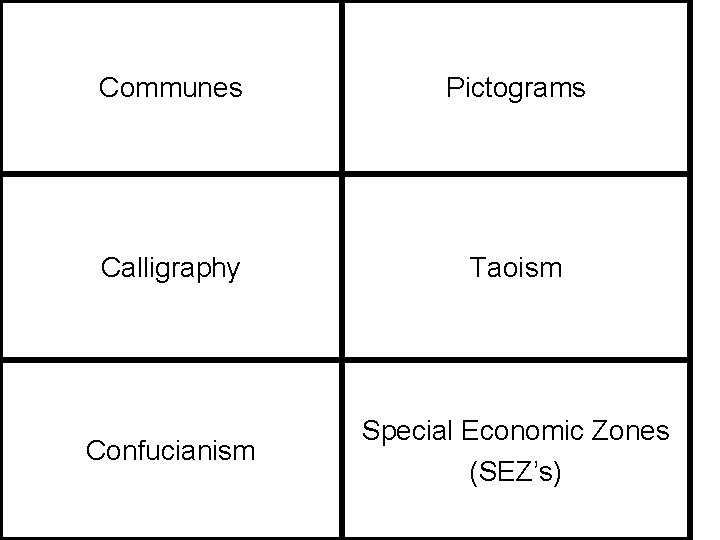 Communes Pictograms Calligraphy Taoism Confucianism Special Economic Zones (SEZ’s) 