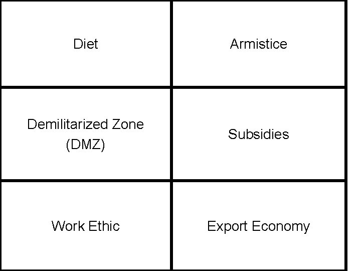 Diet Armistice Demilitarized Zone (DMZ) Subsidies Work Ethic Export Economy 