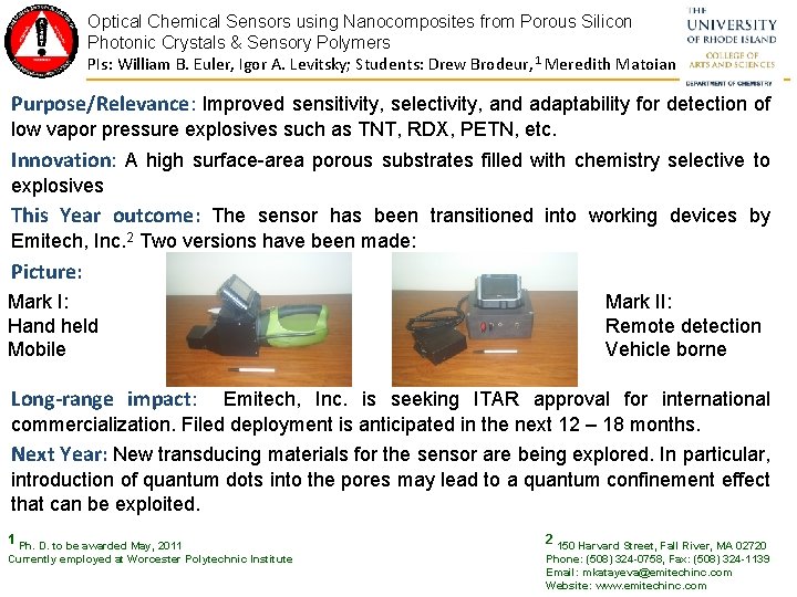 Optical Chemical Sensors using Nanocomposites from Porous Silicon Photonic Crystals & Sensory Polymers PIs: Optical Chemical Sensors using Nanocomposites from Porous Silicon Photonic Crystals & Sensory Polymers PIs: