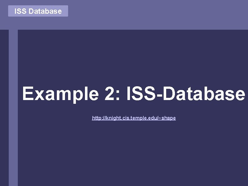 ISS Database Example 2: ISS-Database http: //knight. cis. temple. edu/~shape 