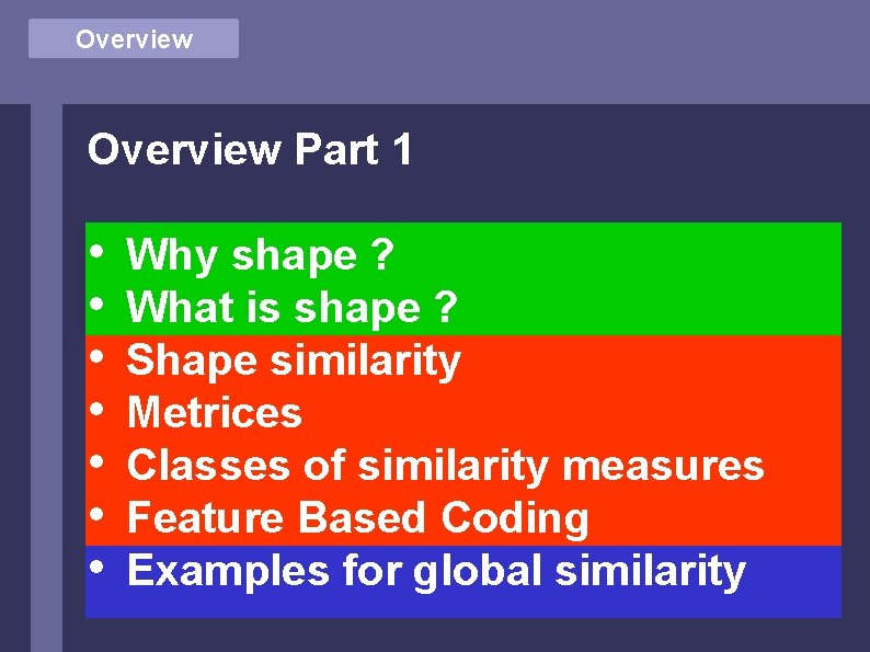 Overview Part 1 • • Why shape ? What is shape ? Shape similarity