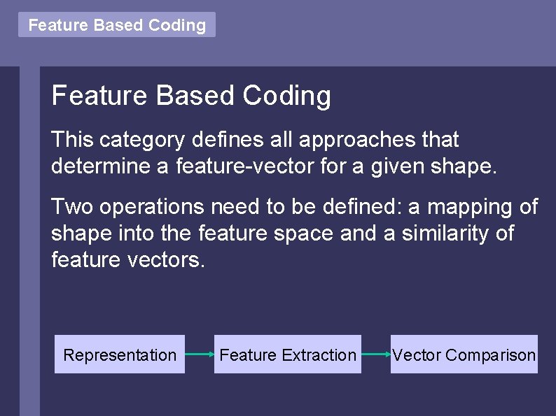 Feature Based Coding This category defines all approaches that determine a feature-vector for a