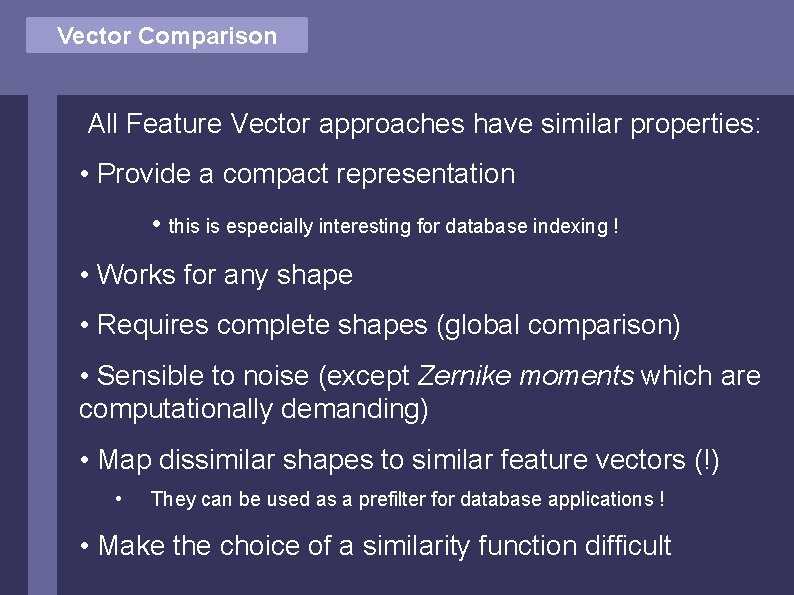 Vector Comparison All Feature Vector approaches have similar properties: • Provide a compact representation