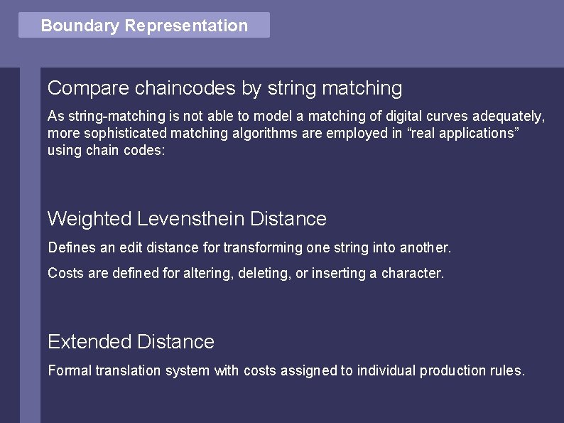 Vector Comparison Boundary Representation Compare chaincodes by string matching As string-matching is not able