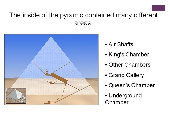 The inside of the pyramid contained many different areas. • Air Shafts • King’s