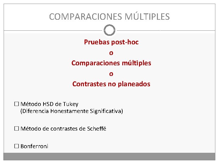 COMPARACIONES MÚLTIPLES Pruebas post-hoc o Comparaciones múltiples o Contrastes no planeados � Método HSD