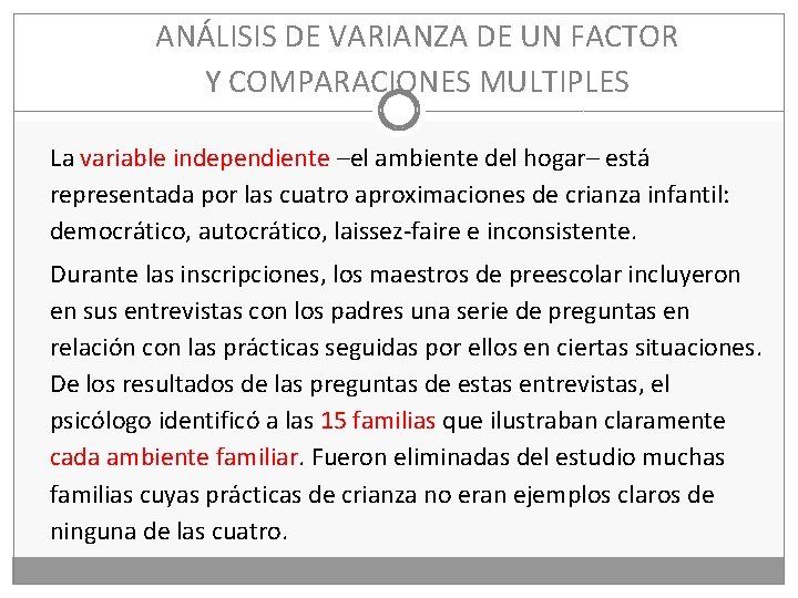 ANÁLISIS DE VARIANZA DE UN FACTOR Y COMPARACIONES MULTIPLES La variable independiente –el ambiente