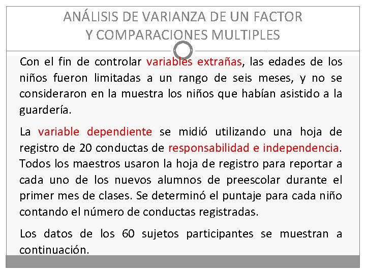 ANÁLISIS DE VARIANZA DE UN FACTOR Y COMPARACIONES MULTIPLES Con el fin de controlar