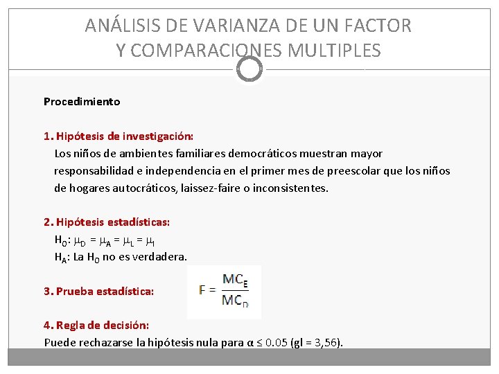 ANÁLISIS DE VARIANZA DE UN FACTOR Y COMPARACIONES MULTIPLES Procedimiento 1. Hipótesis de investigación: