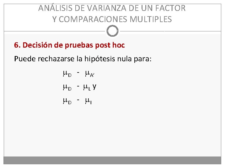 ANÁLISIS DE VARIANZA DE UN FACTOR Y COMPARACIONES MULTIPLES 6. Decisión de pruebas post