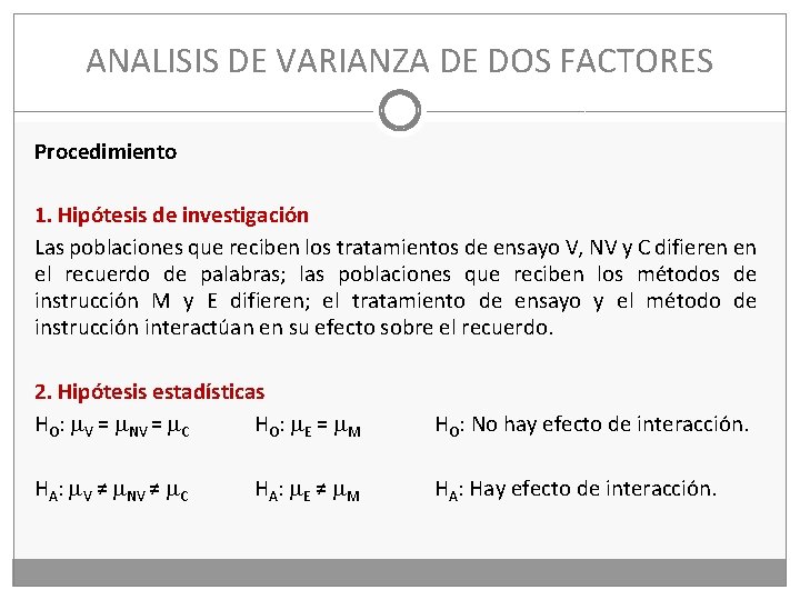 ANALISIS DE VARIANZA DE DOS FACTORES Procedimiento 1. Hipótesis de investigación Las poblaciones que