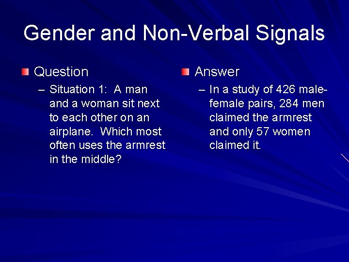 Gender and Non-Verbal Signals Question – Situation 1: A man and a woman sit