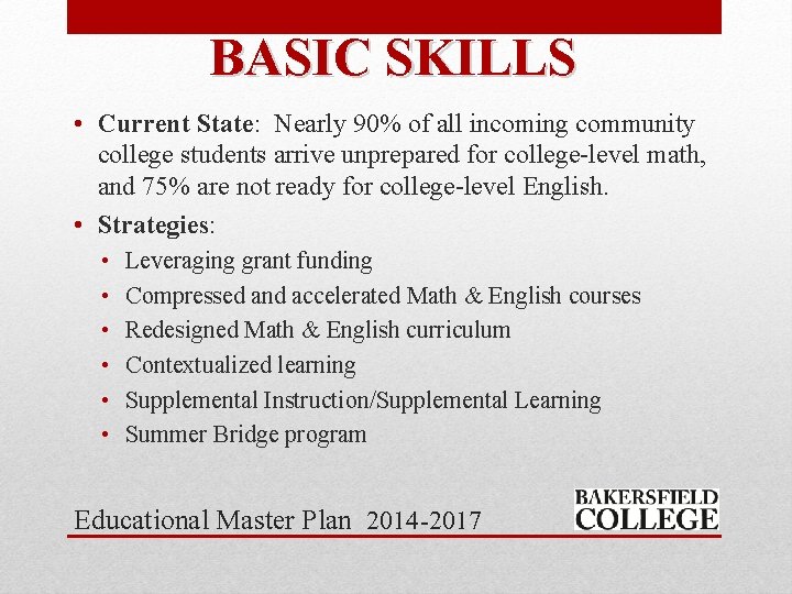 BASIC SKILLS • Current State: Nearly 90% of all incoming community college students arrive