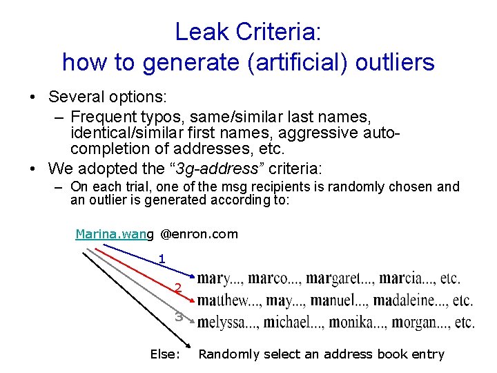 Leak Criteria: how to generate (artificial) outliers • Several options: – Frequent typos, same/similar
