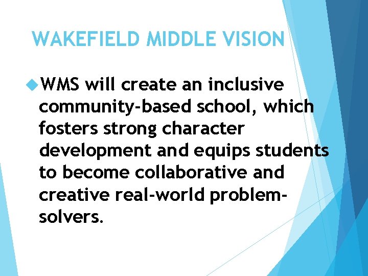WAKEFIELD MIDDLE VISION WMS will create an inclusive community-based school, which fosters strong character WAKEFIELD MIDDLE VISION WMS will create an inclusive community-based school, which fosters strong character