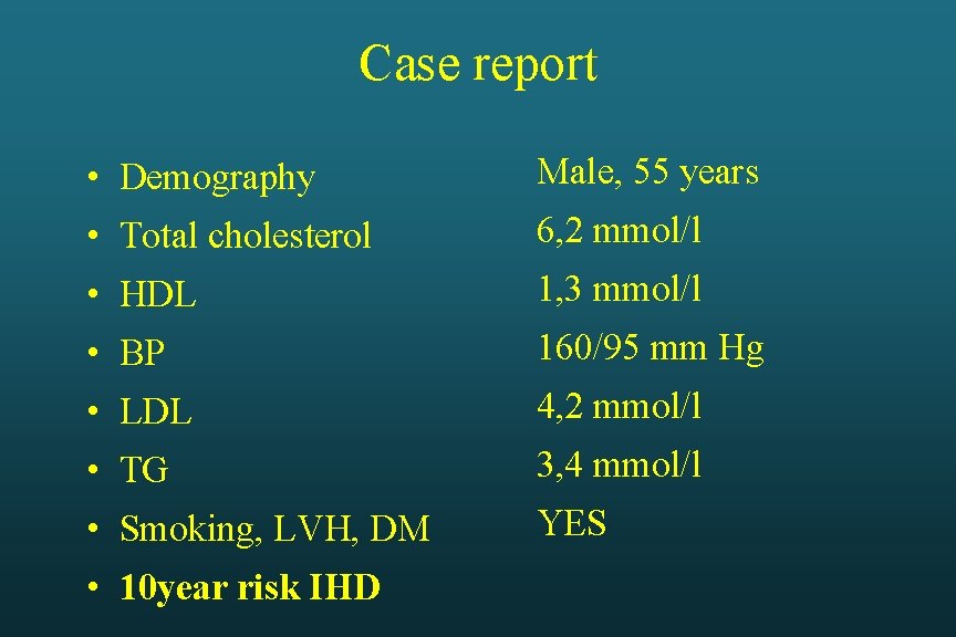 Case report • Demography Male, 55 years • Total cholesterol 6, 2 mmol/l •