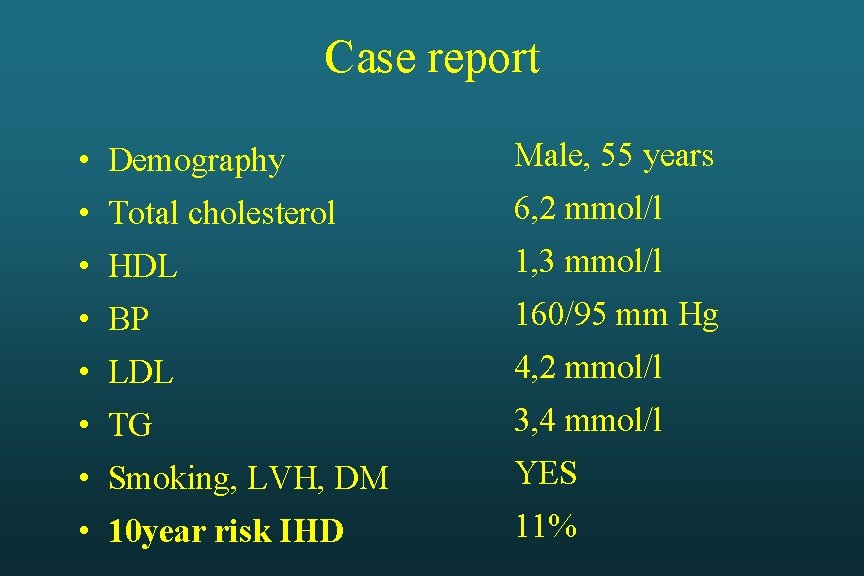 Case report • Demography Male, 55 years • Total cholesterol 6, 2 mmol/l • Case report • Demography Male, 55 years • Total cholesterol 6, 2 mmol/l •