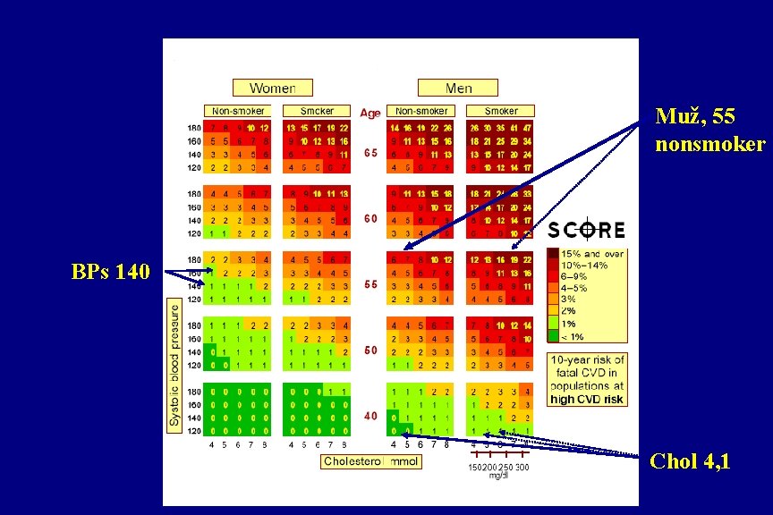 Muž, 55 nonsmoker BPs 140 Chol 4, 1 