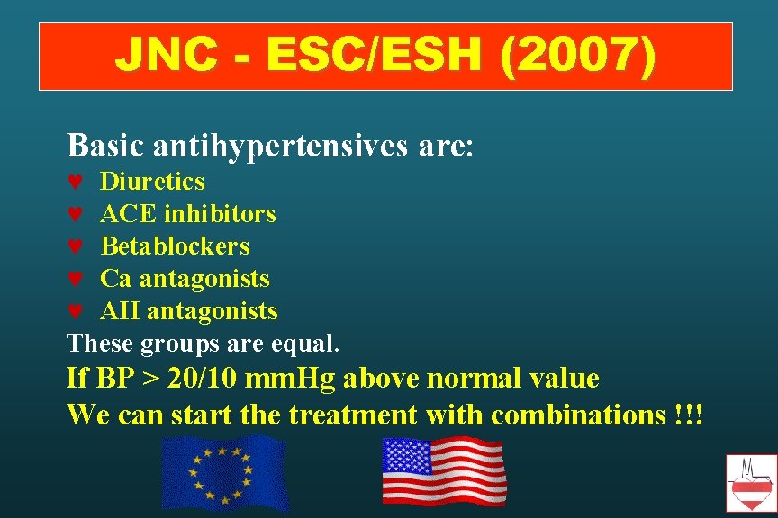 JNC - ESC/ESH (2007) Basic antihypertensives are: Diuretics ACE inhibitors Betablockers Ca antagonists AII