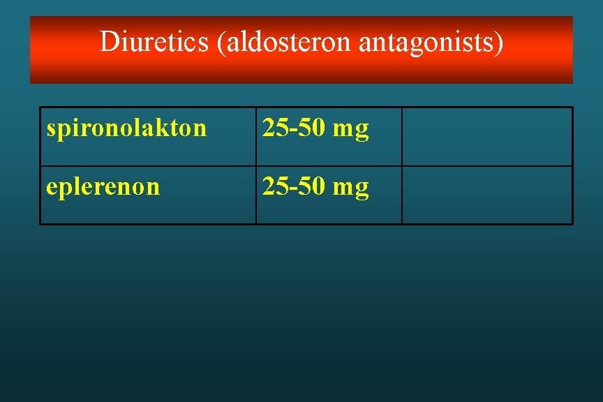 Diuretics (aldosteron antagonists) spironolakton 25 -50 mg eplerenon 25 -50 mg 