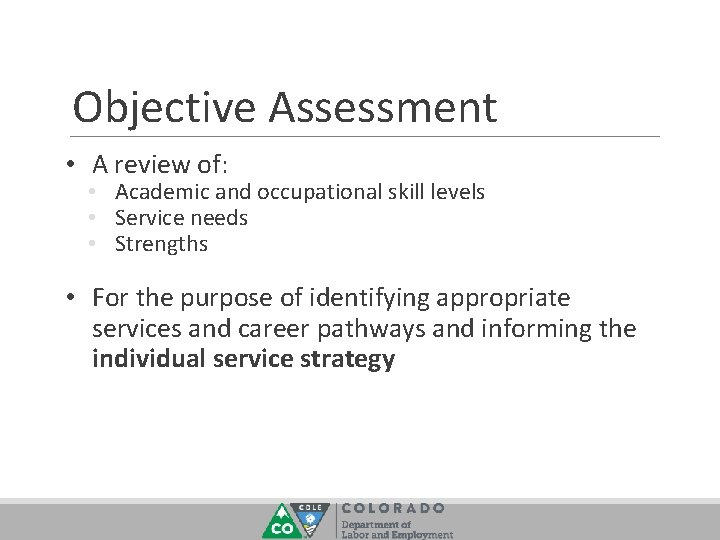 Objective Assessment • A review of: • Academic and occupational skill levels • Service