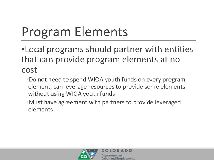 Program Elements • Local programs should partner with entities that can provide program elements