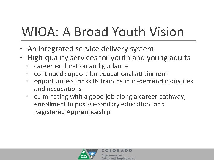 WIOA: A Broad Youth Vision • An integrated service delivery system • High-quality services