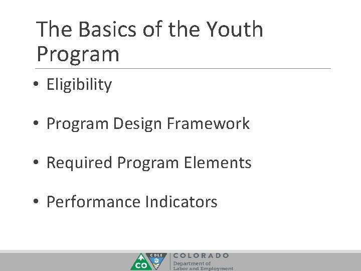 The Basics of the Youth Program • Eligibility • Program Design Framework • Required